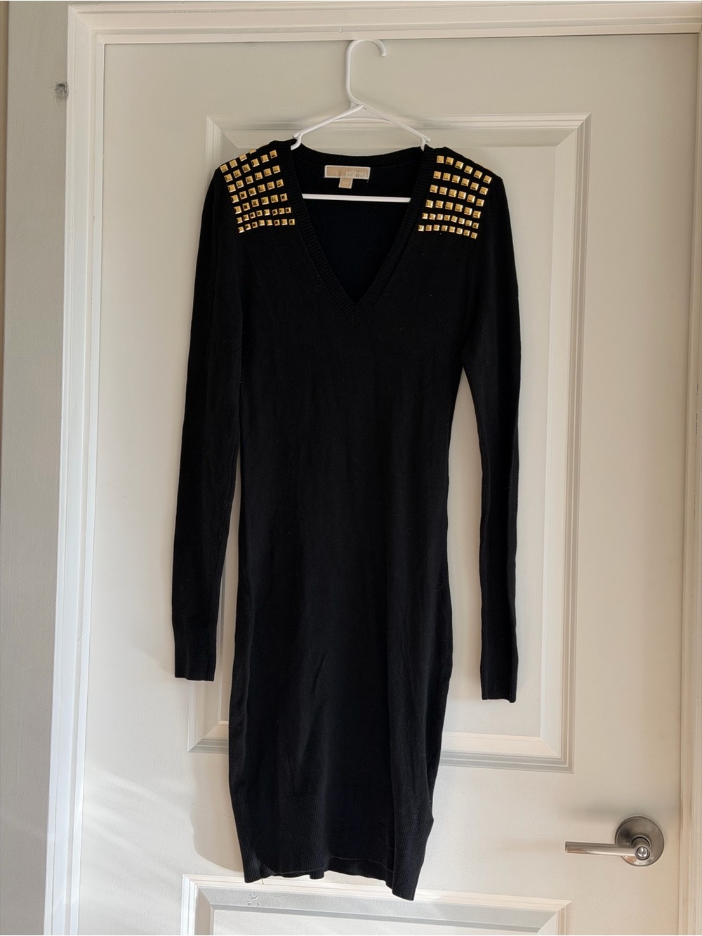 Michael Kors Long Sleeve V-Neck Knit Dress with Gold Stud Shoulders | Black, XXS